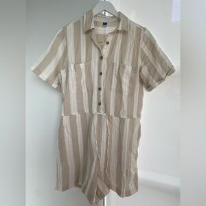 Old Navy Beige White Striped Cotton Gauze Button Up Romper Jumpsuit Medium Tall